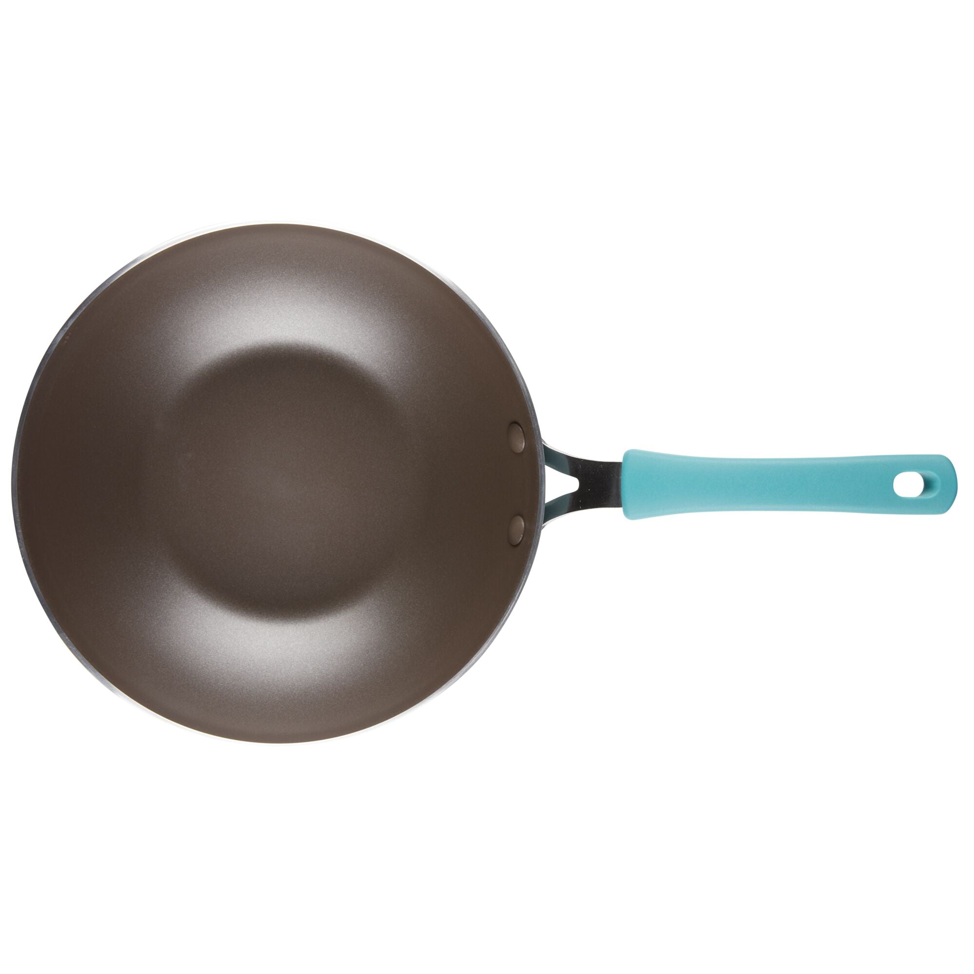 Viewed from above, the 10.5-Inch Cook + Create Nonstick Open Stir Fry features a turquoise handle and a dependable nonstick surface, making it perfect for easy cooking and cleanup.
