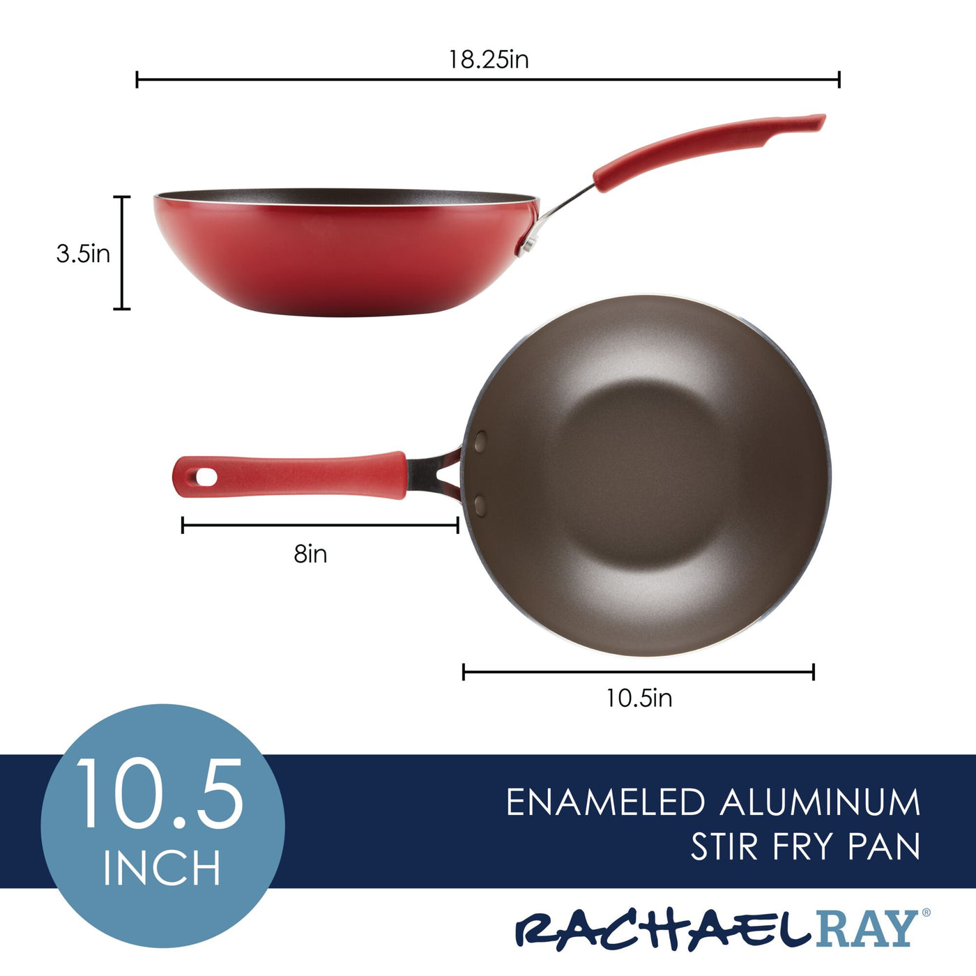 10.5-Inch Cook + Create Nonstick Open Stir Fry in red enameled aluminum with specified dimensions.