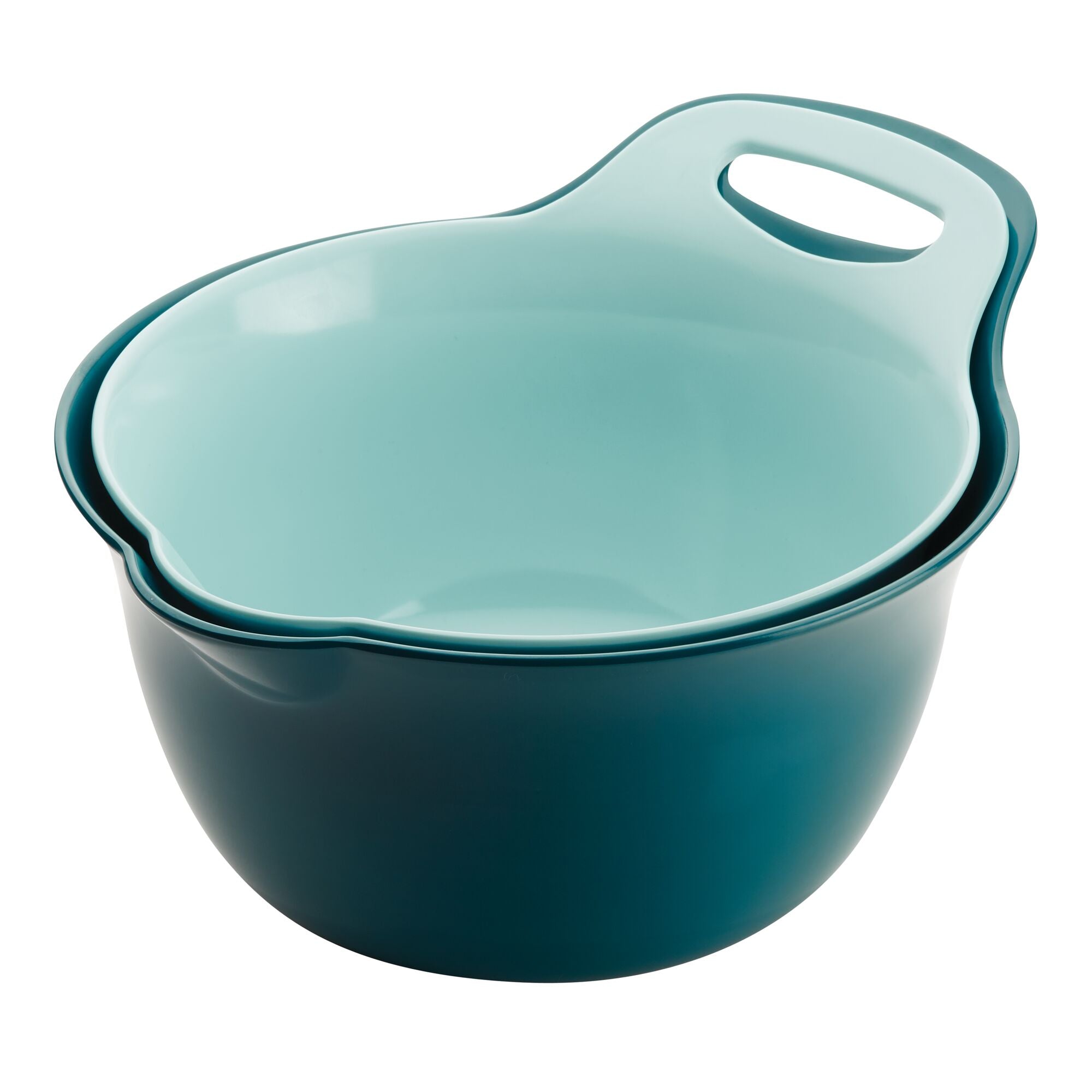 The 2-Qt. & 3-Qt. Nesting Mixing Bowl Set includes two teal melamine bowls with handles, featuring convenient pour spouts and a non-slip rubberized bottom for added stability.