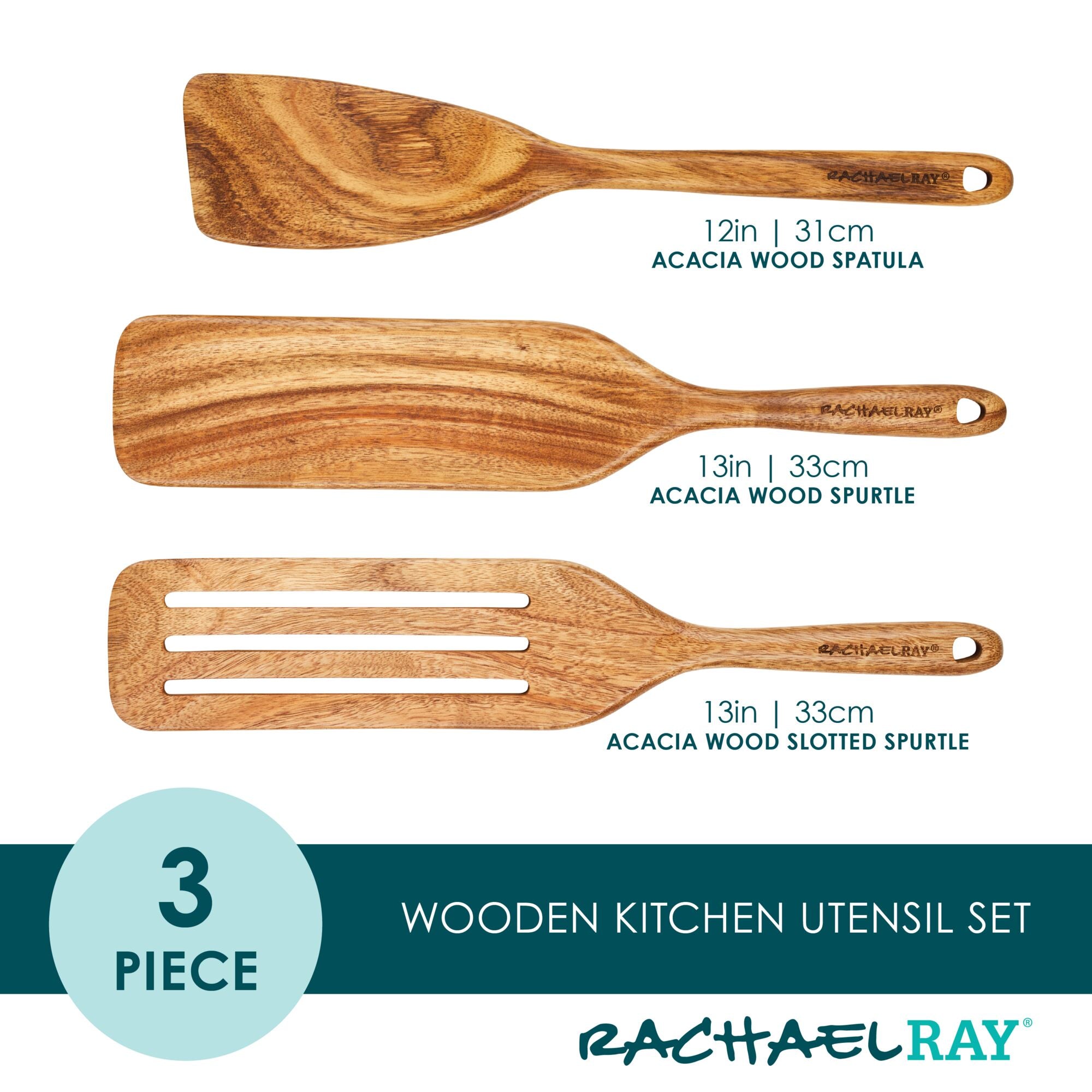 The Acacia Wood Tool Sets include a three-piece assortment featuring a spatula and spurtles, ideal for your nonstick cookware.