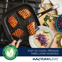 Grilled salmon sizzles in an 11-Inch Cook + Create Hard Anodized Nonstick Deep Grill Pan, paired perfectly with tortillas, lime, and crunchy cabbage on the side.