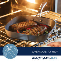 Steaks sizzle in an 11-Inch Cook + Create Hard Anodized Nonstick Deep Grill Pan, their juices sealing in this essential hard anodized aluminum kitchen staple inside the oven.