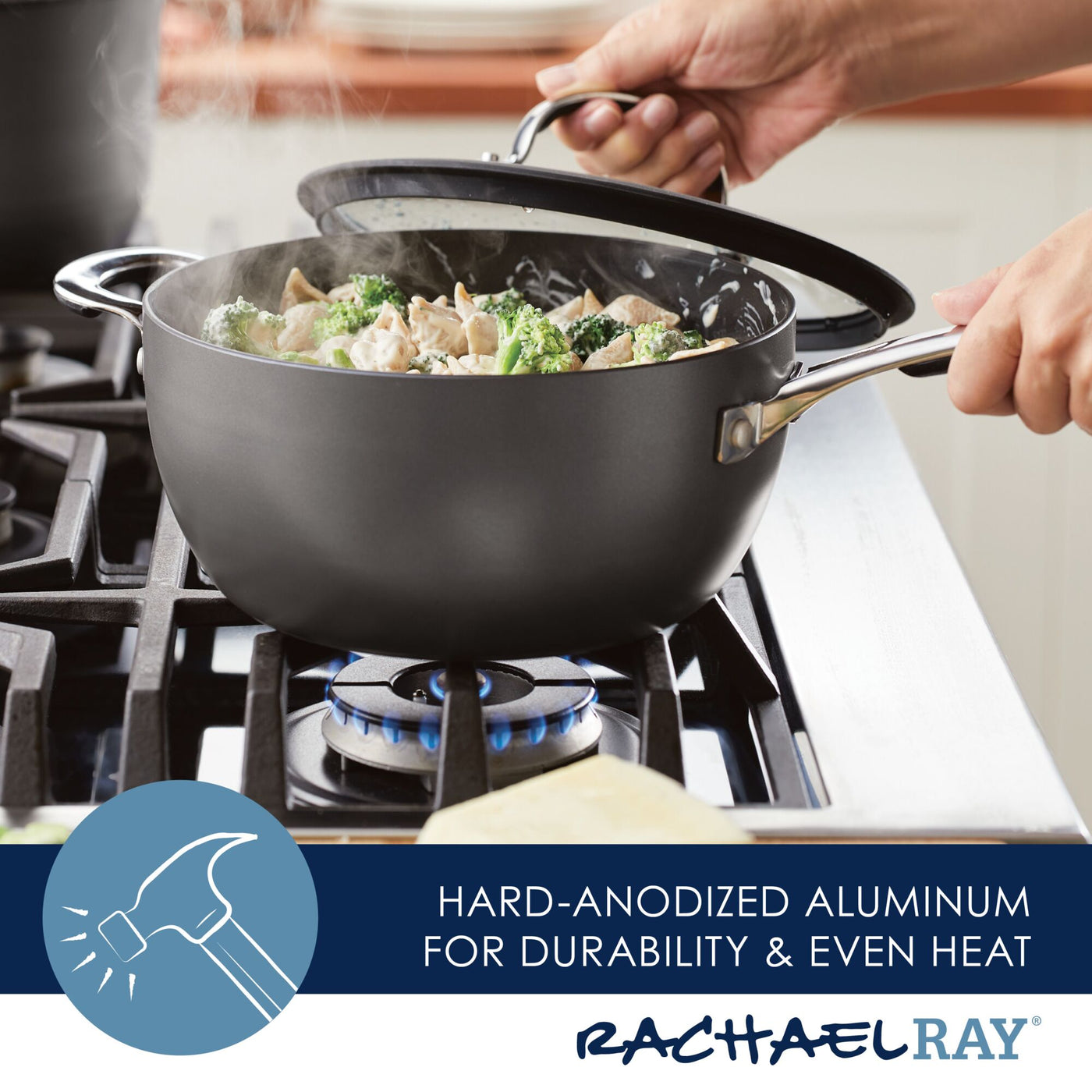 The 4.5-Quart Cook + Create Hard Anodized Nonstick Saucier Pan with Lid and Helper Handle, designed with a triple layer nonstick surface, effortlessly holds chicken and broccoli simmering on a gas stove. It's ideal for creating versatile meals and is oven safe up to 400°F, ensuring seamless transitions from stovetop to oven for your culinary masterpieces.