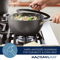 The 4.5-Quart Cook + Create Hard Anodized Nonstick Saucier Pan with Lid and Helper Handle, designed with a triple layer nonstick surface, effortlessly holds chicken and broccoli simmering on a gas stove. It's ideal for creating versatile meals and is oven safe up to 400°F, ensuring seamless transitions from stovetop to oven for your culinary masterpieces.