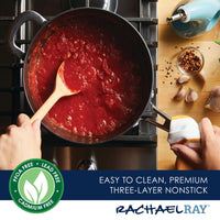 Using the 4.5-Quart Cook + Create Hard Anodized Nonstick Saucier Pan with Lid and Helper Handle on the stove to stir tomato sauce highlights its remarkable triple-layer nonstick surface and branding.