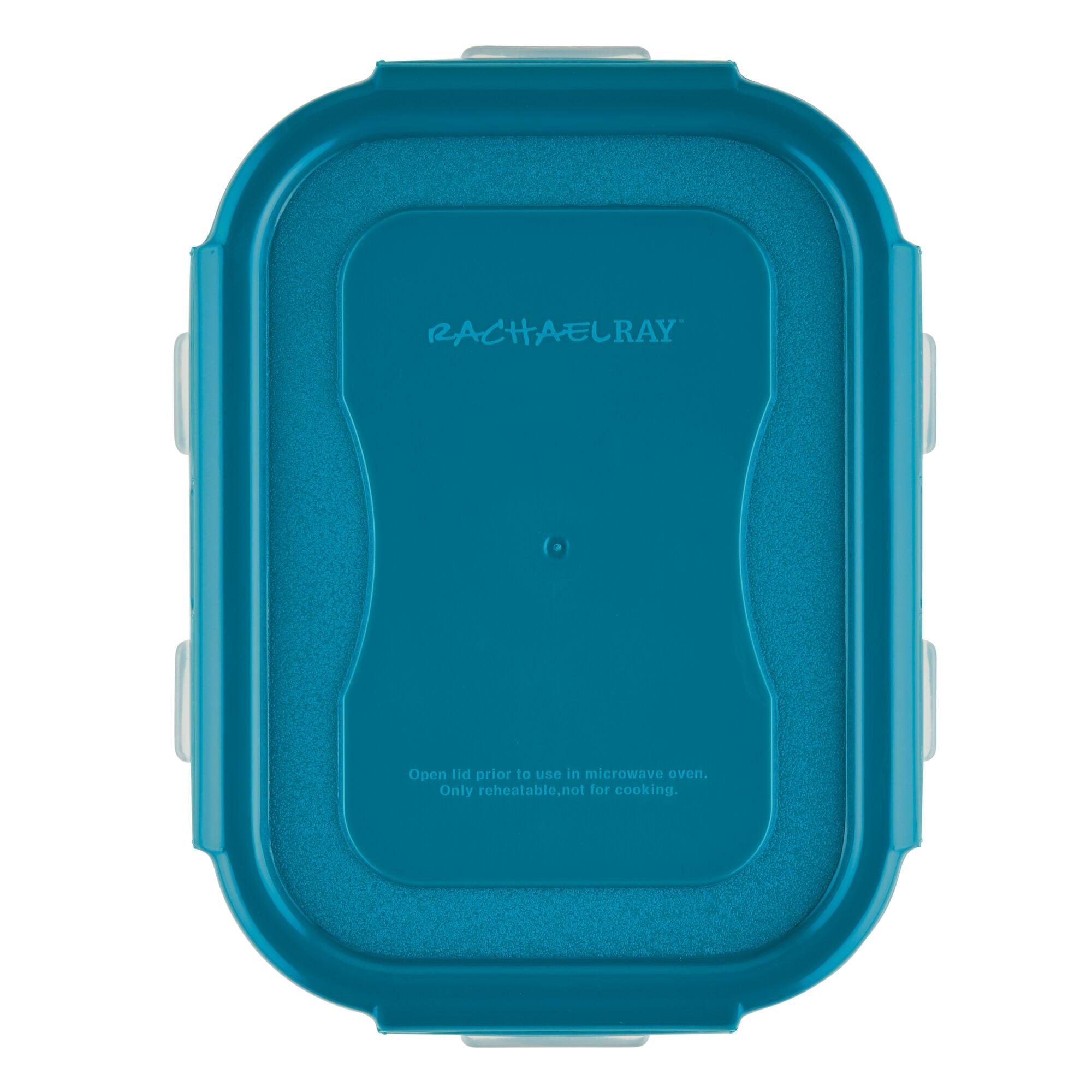 Introducing the teal rectangular food storage container from the "20-Piece Nestable Storage Containers" collection, featuring a 4-hinge locking system and labeled "Rachael Ray." It's expertly designed to keep your food fresh while providing convenience and style for your kitchen needs.