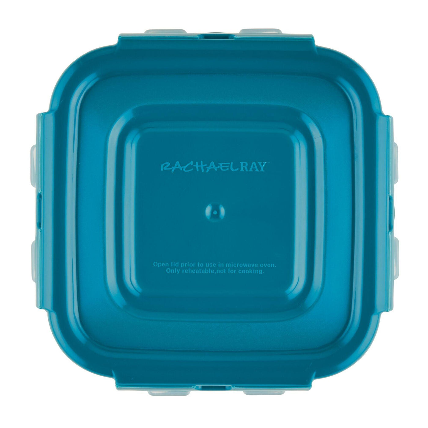 Teal square container from the 20-Piece Nestable Storage Containers collection by Rachael Ray, featuring a secure 4-hinge locking system for effortless organization and nestable convenience.