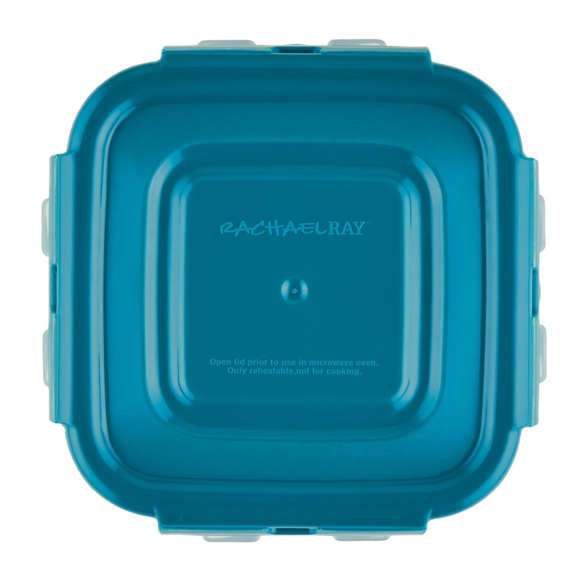 Teal square container from the 20-Piece Nestable Storage Containers collection by Rachael Ray, featuring a secure 4-hinge locking system for effortless organization and nestable convenience.