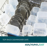 The 30-Piece Nestable Food Storage Containers and lids are neatly arranged in the top rack of a dishwasher, showcasing their durable, BPA-free design.