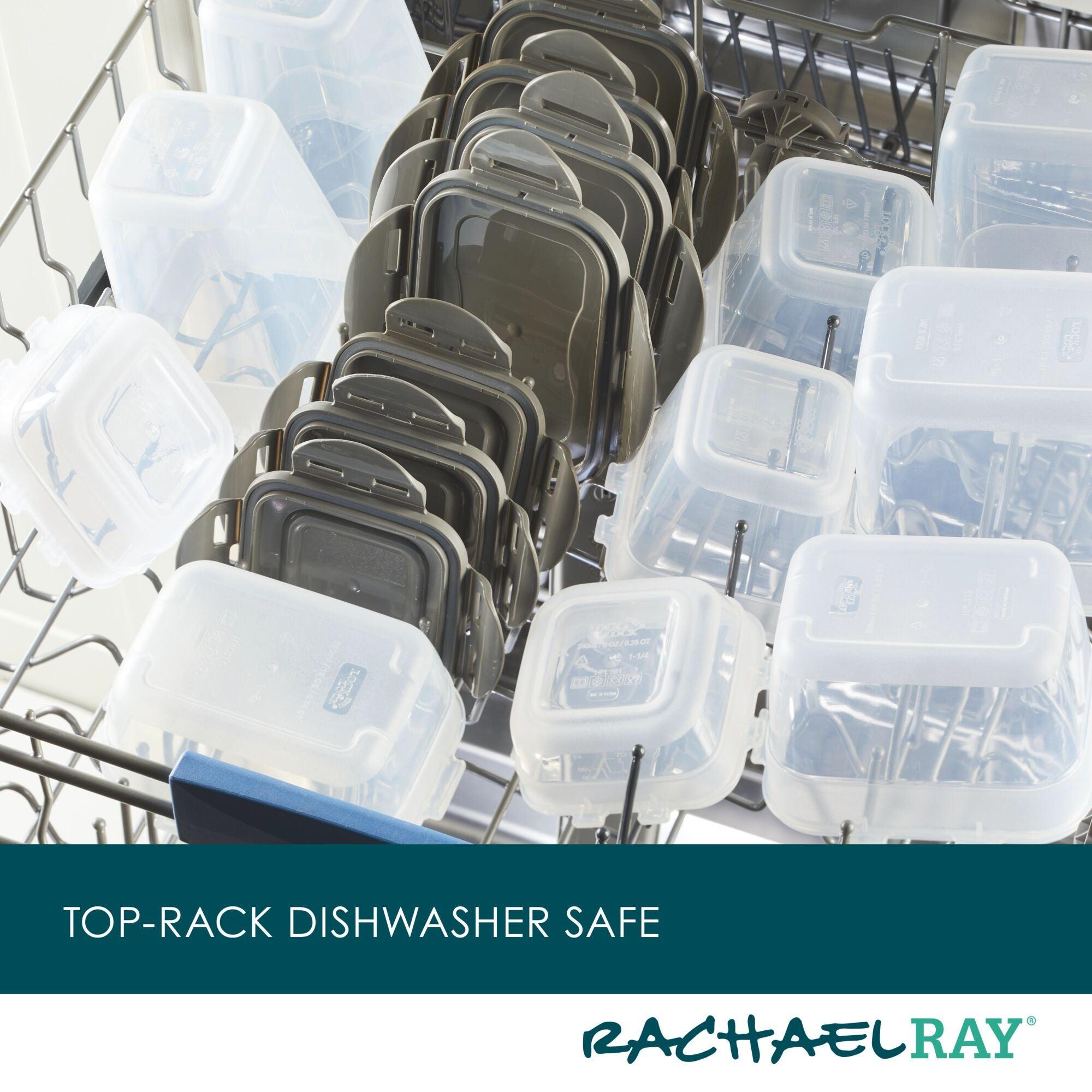 The 30-Piece Nestable Food Storage Containers and lids are neatly arranged in the top rack of a dishwasher, showcasing their durable, BPA-free design.