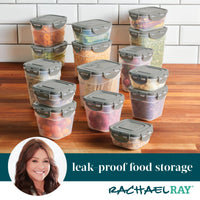 A collection of 30-Piece Nestable Food Storage Containers, crafted from BPA-free plastic and topped with gray lids, is arranged on a wooden surface, highlighting their durable design perfect for food storage.
