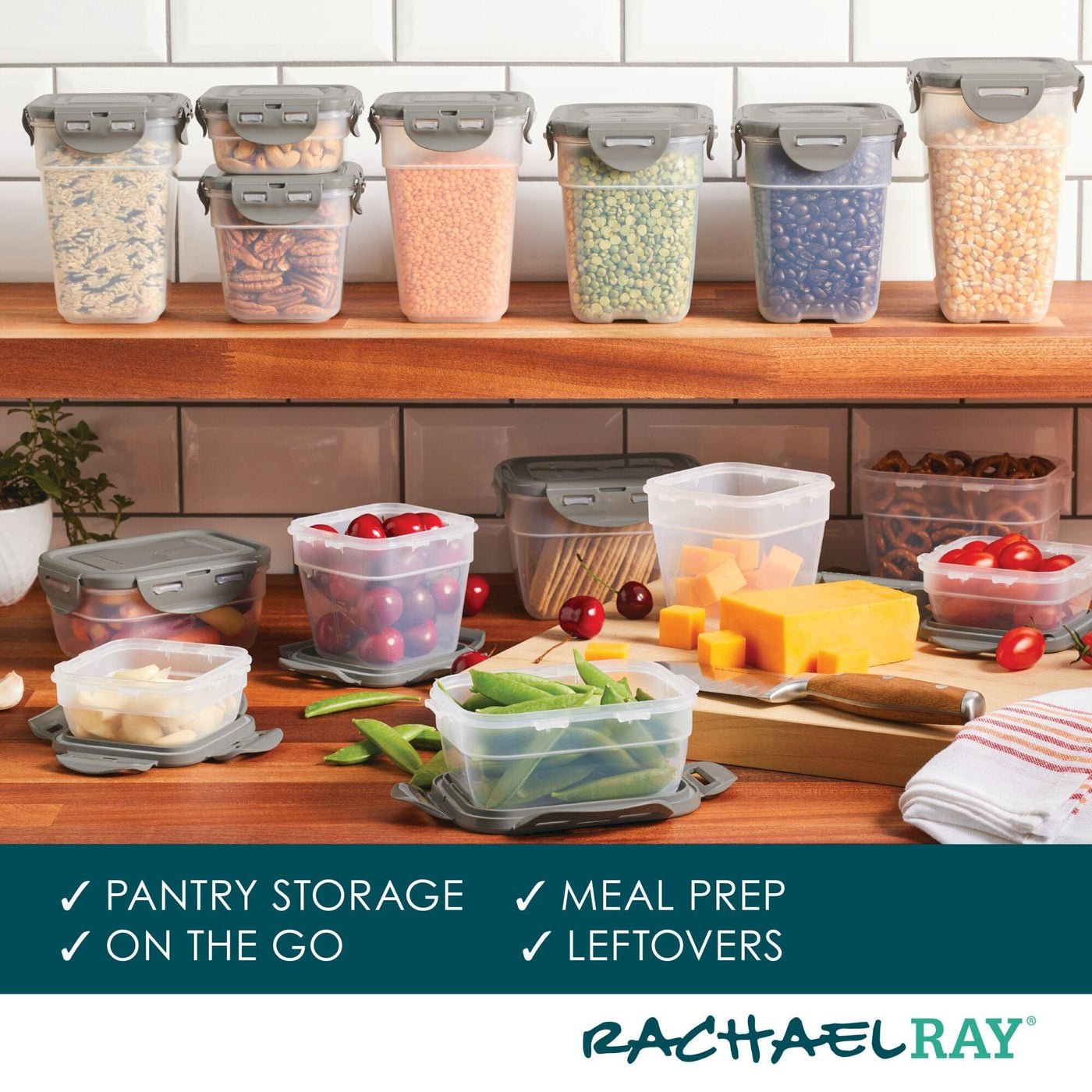 The 30-Piece Nestable Food Storage Containers, which are BPA-free and filled with grains and vegetables, are neatly arranged on shelves, highlighting their durable design.