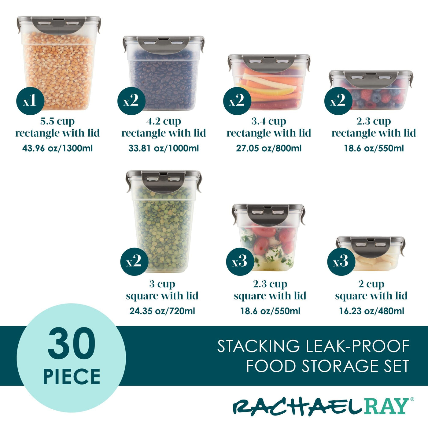 30-piece set of nestable food storage containers, featuring both rectangular and square designs, BPA-free material, durable construction, and leak-proof seals.