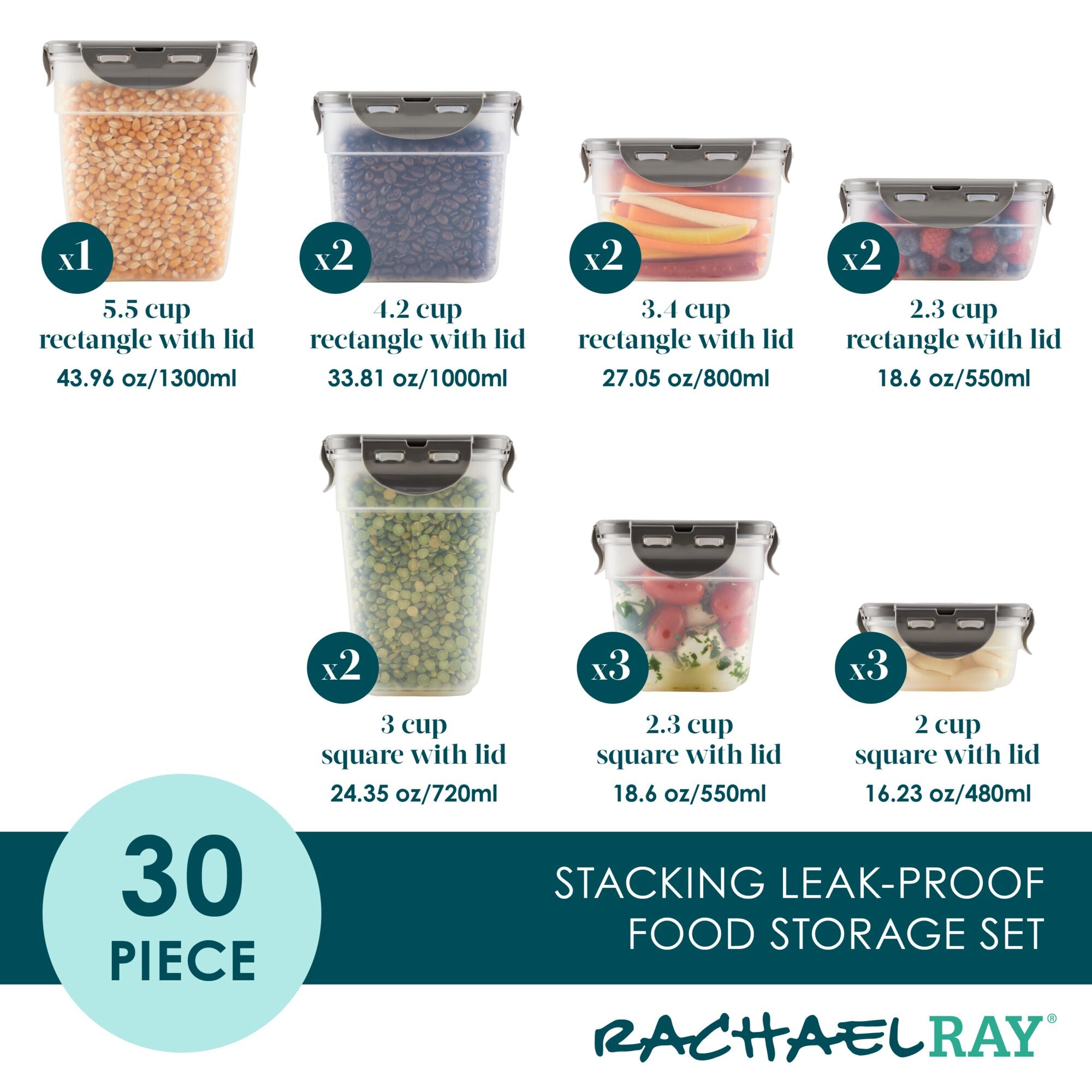 30-piece set of nestable food storage containers, featuring both rectangular and square designs, BPA-free material, durable construction, and leak-proof seals.