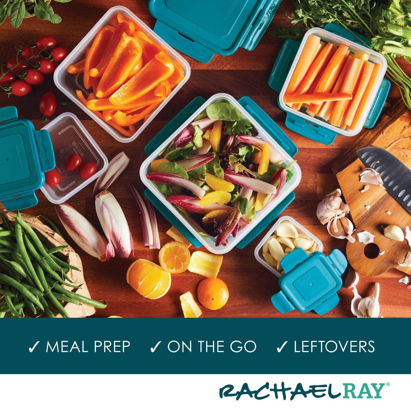 The 10-Piece Square Nestable Food Storage Containers, filled with fresh vegetables and fruits, sit on a wooden table, ensuring safety and freshness with their BPA-free design and 4-hinge locking system.