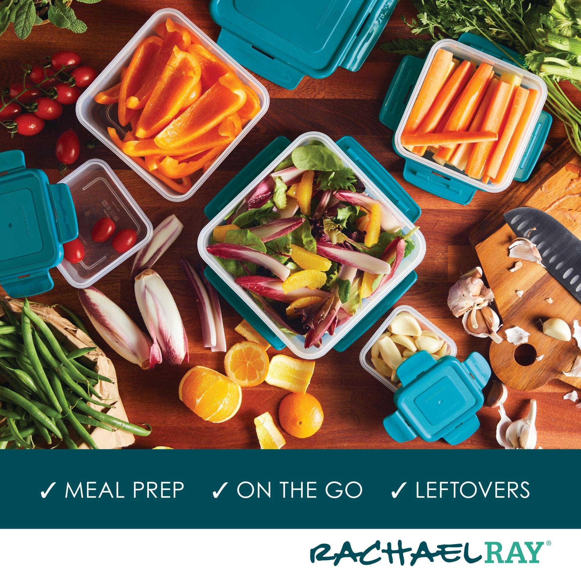 The 10-Piece Square Nestable Food Storage Containers, filled with fresh vegetables and fruits, sit on a wooden table, ensuring safety and freshness with their BPA-free design and 4-hinge locking system.