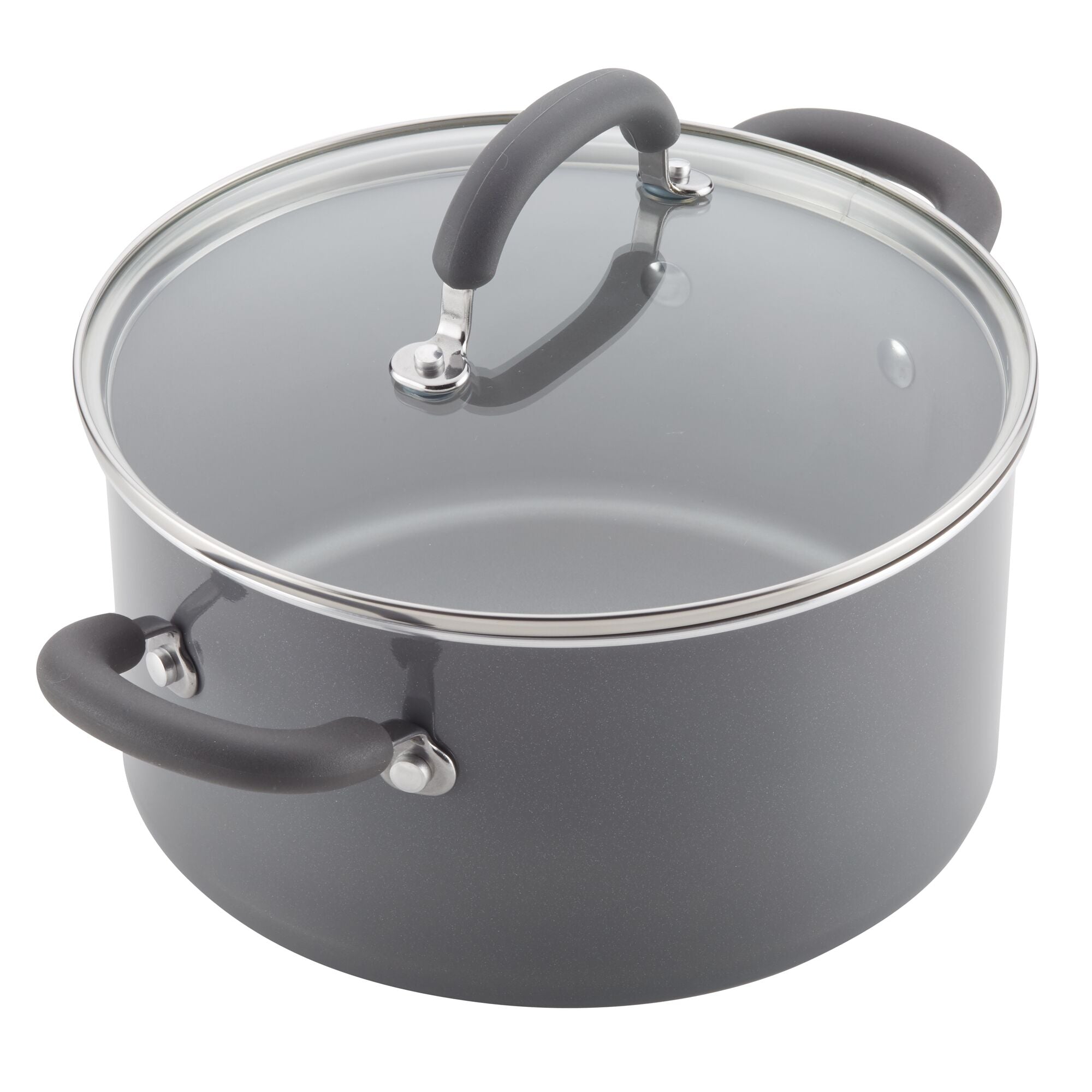 13-Piece Nonstick Induction Set: gray pots, black handles, glass lids, dishwasher safe.