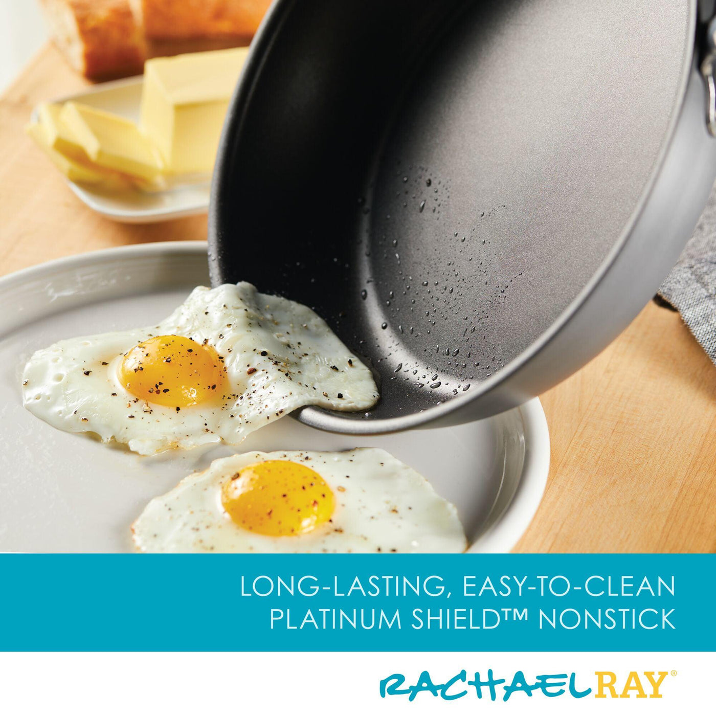 The 10-Piece Hard Anodized Nonstick Set slides two eggs onto a plate.