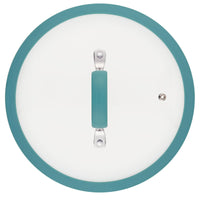 The teal and white lid with a handle and steam vent, viewed from above, is the perfect match for the 3-Quart Cook + Create Nonstick Sauté Pan, ensuring effortless cooking.