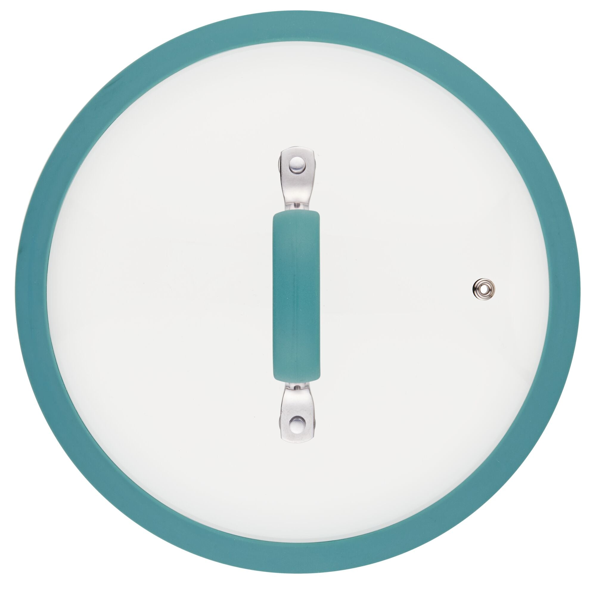 The teal and white lid with a handle and steam vent, viewed from above, is the perfect match for the 3-Quart Cook + Create Nonstick Sauté Pan, ensuring effortless cooking.