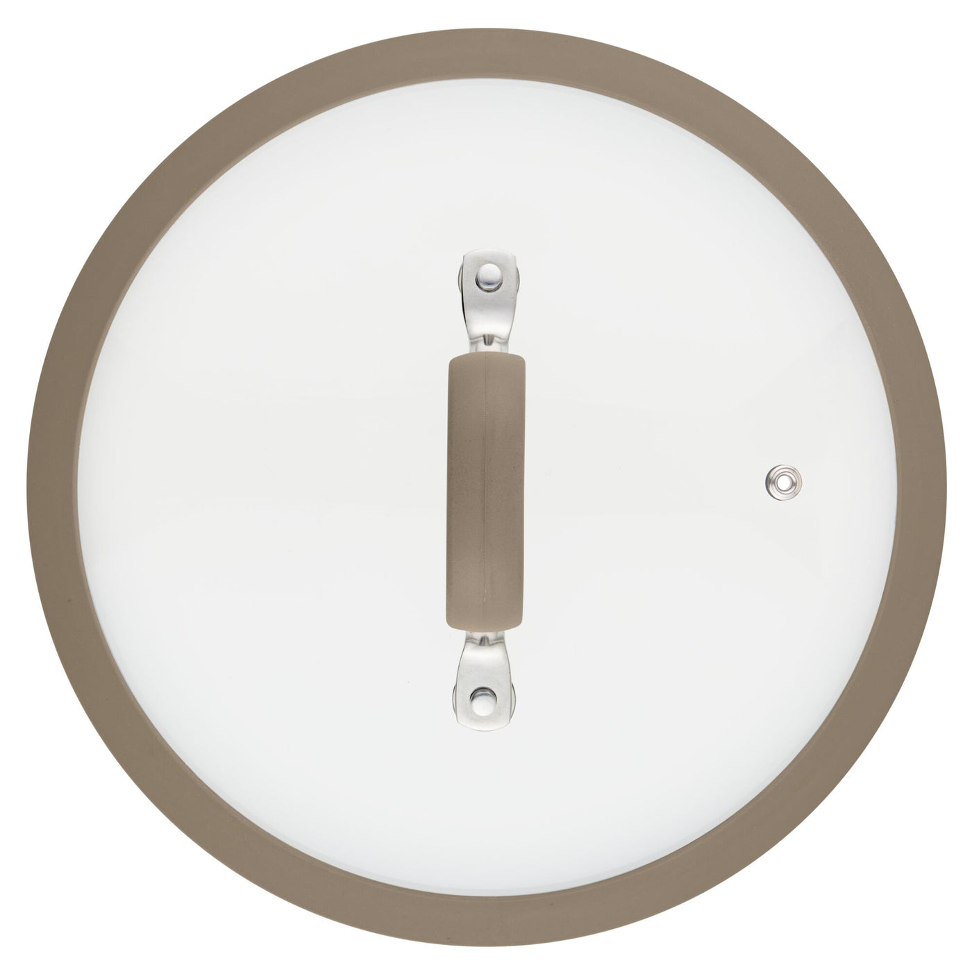 A glass lid, featuring a beige handle and rim, seen from above, is designed to complement the 3-Quart Cook + Create Nonstick Sauté Pan with Lid.