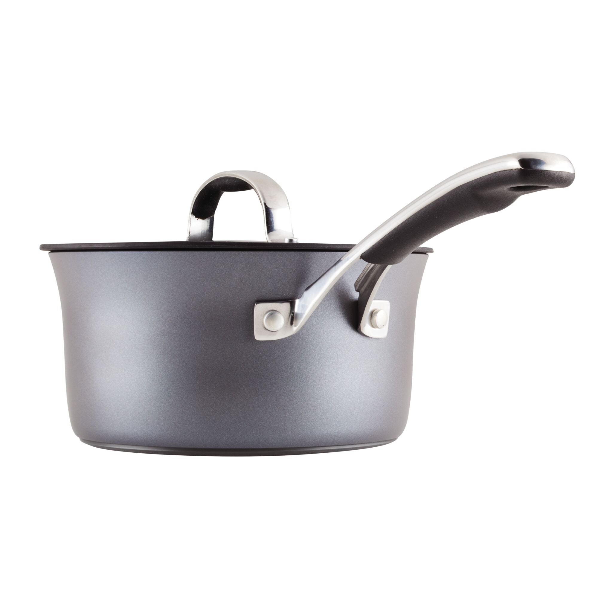 Cook + Create Cookware Sets feature a hard-anodized aluminum nonstick saucepan with a long handle and a tempered glass lid, showcased against a white background.