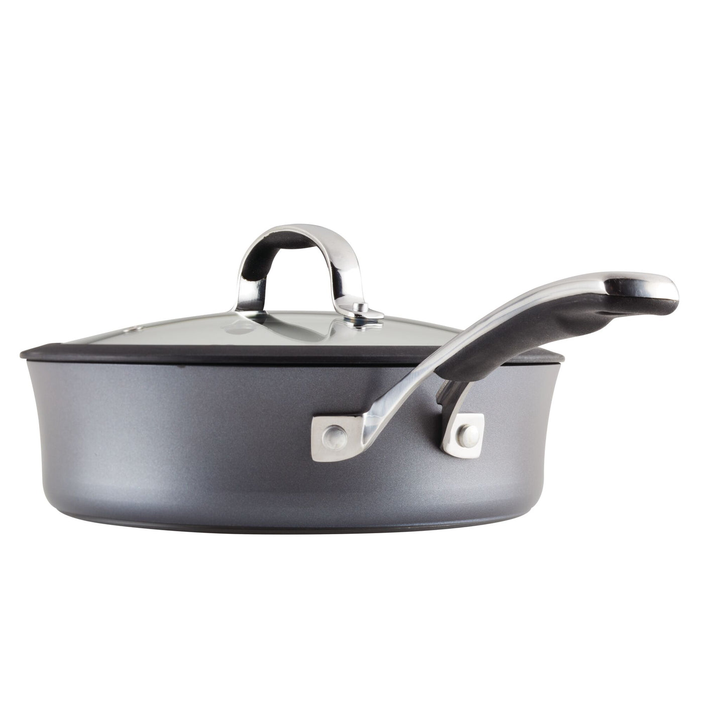 A covered frying pan from the Cook + Create Hard Anodized Nonstick Cookware Sets, made from hard-anodized aluminum with a metal handle, showcasing a sleek design on a white background.