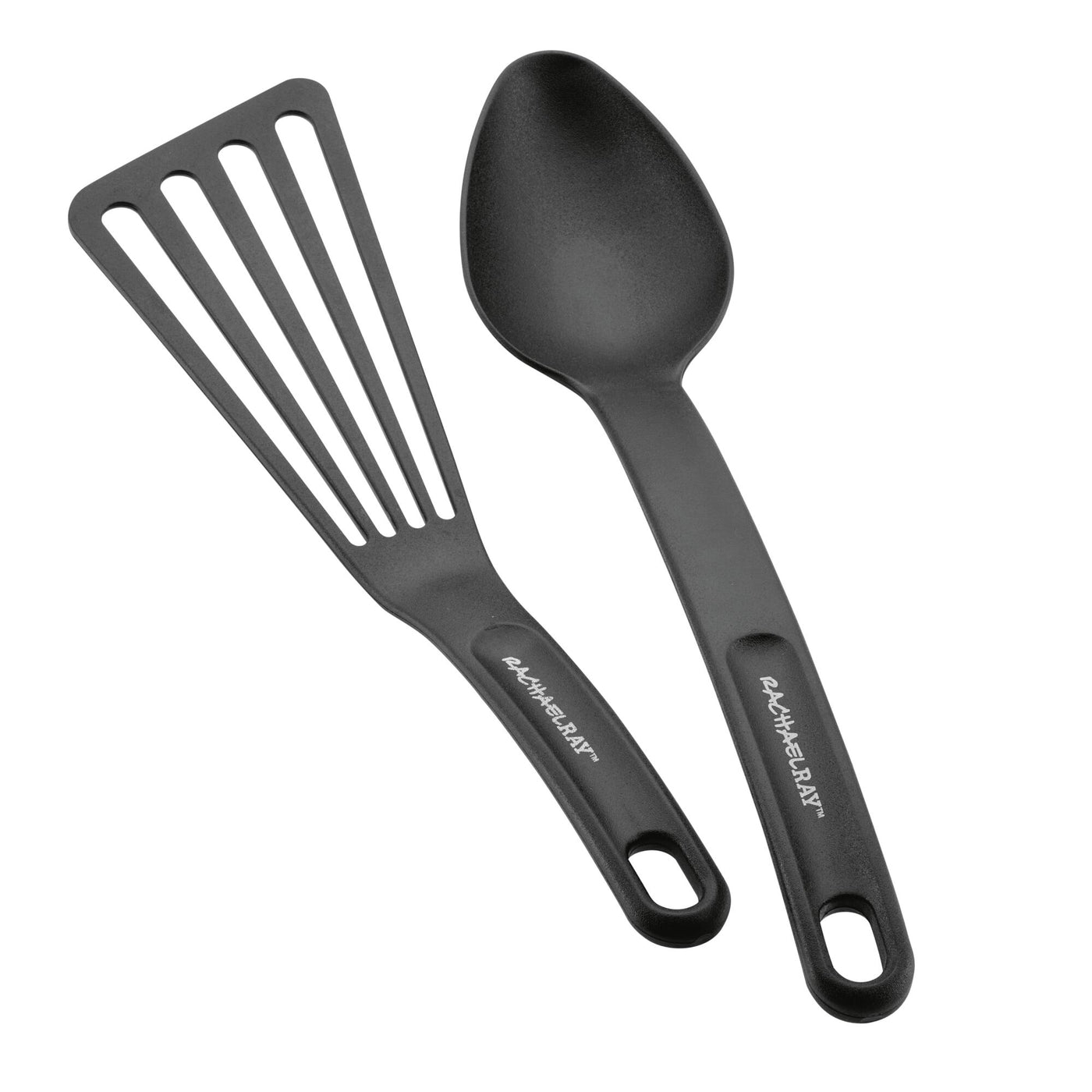 Black slotted spatula and spoon from the 10-Piece Cook + Create Hard Anodized Nonstick Cookware Set, ideal for nonstick cookware, elegantly displayed on a white background.