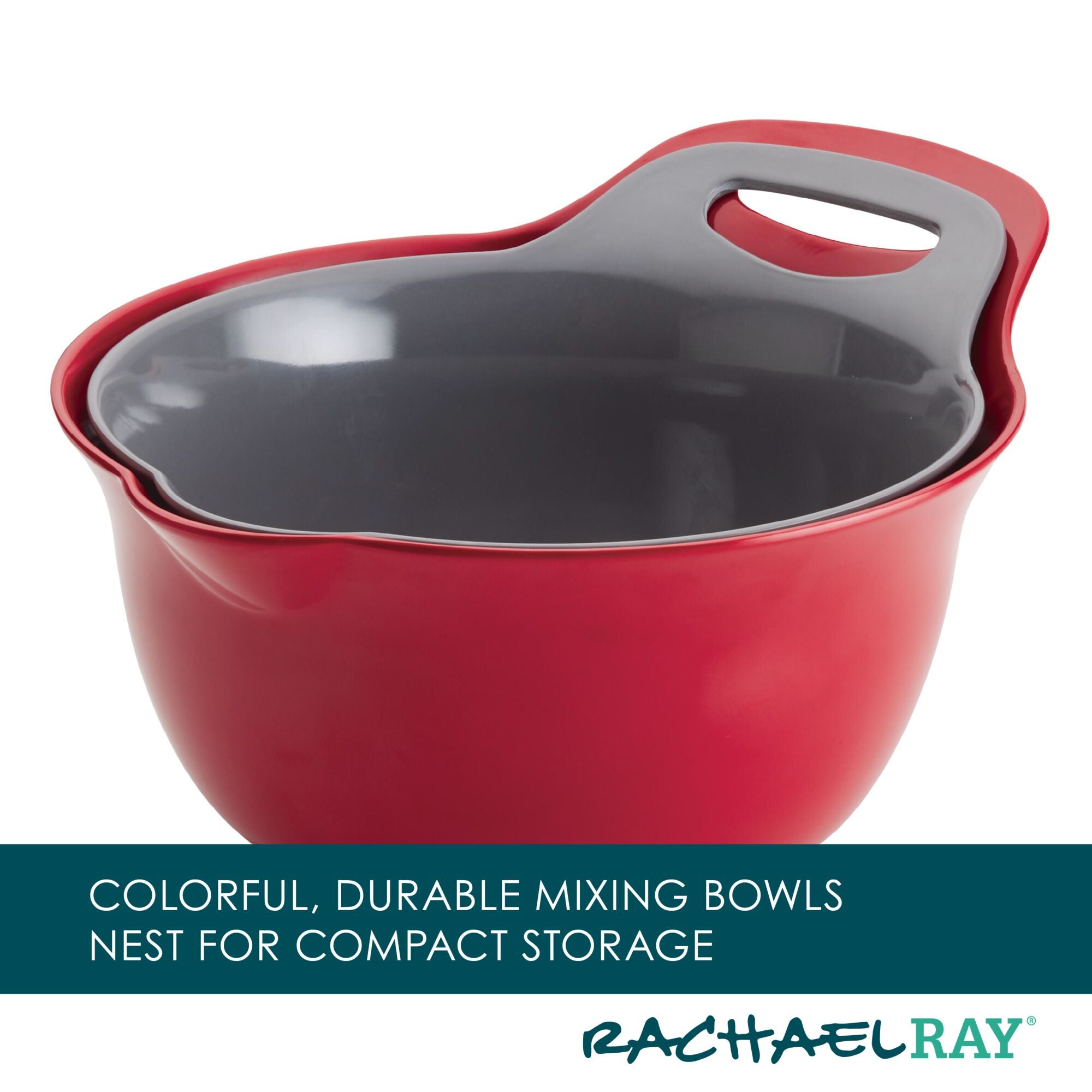 Rachael Ray's 2-Qt. and 3-Qt. Nesting Mixing Bowl Set, in red and gray, comes with handles and non-slip rubberized bottoms to ensure stability during use.