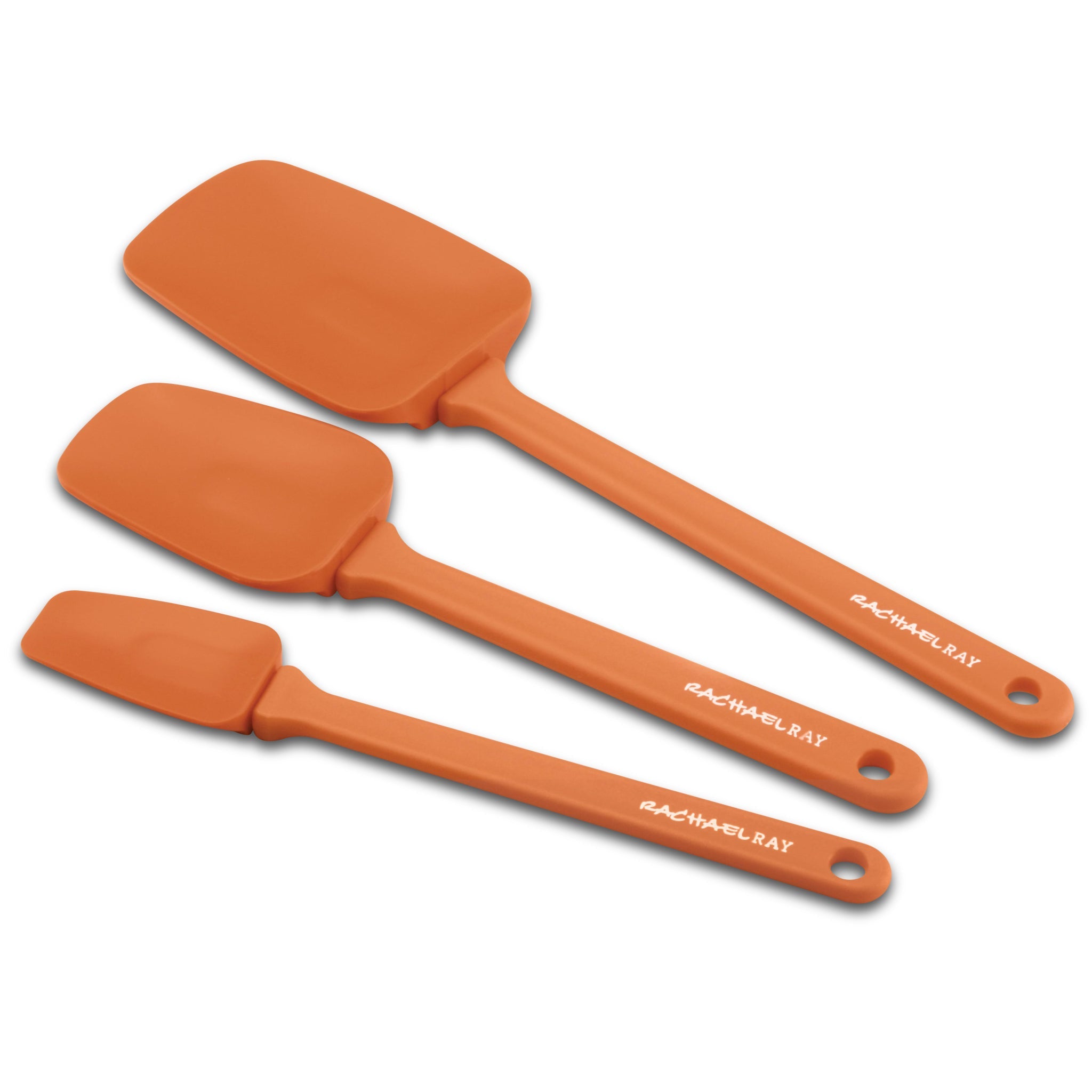 Introducing the 3-Piece Spoonula Set, featuring orange silicone spatulas that are ideal for nonstick cookware and come with the brand name elegantly displayed on their handles.