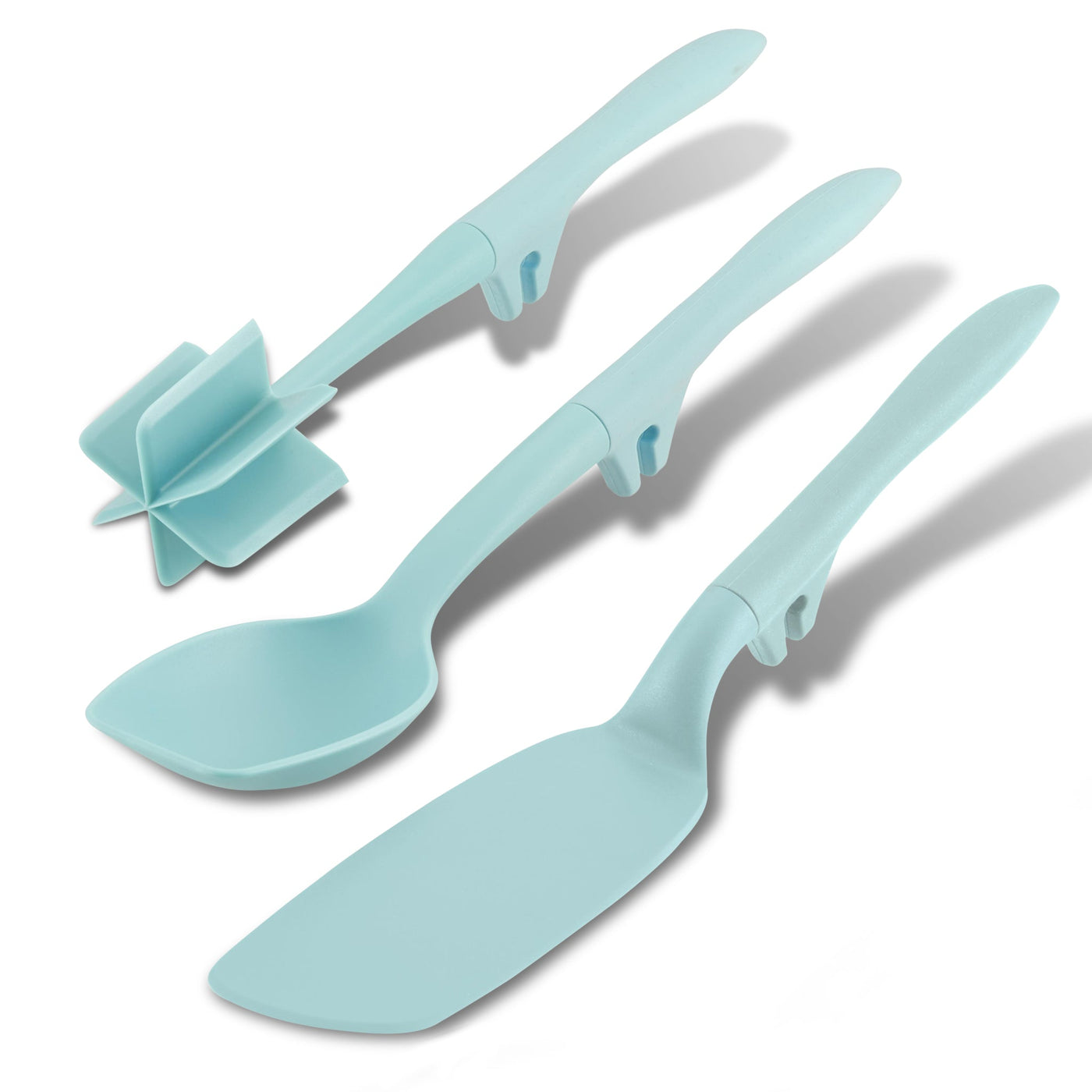 The 3-Piece Lazy Tool Set, which includes Crush & Chop and Turn utensils in light blue nylon, is arranged in a row on a white background, making them ideal for nonstick pots and pans and heat safe up to 400°F.