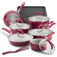 13-Piece Nonstick Induction Cookware Set with glass lids, sheet & spatula.