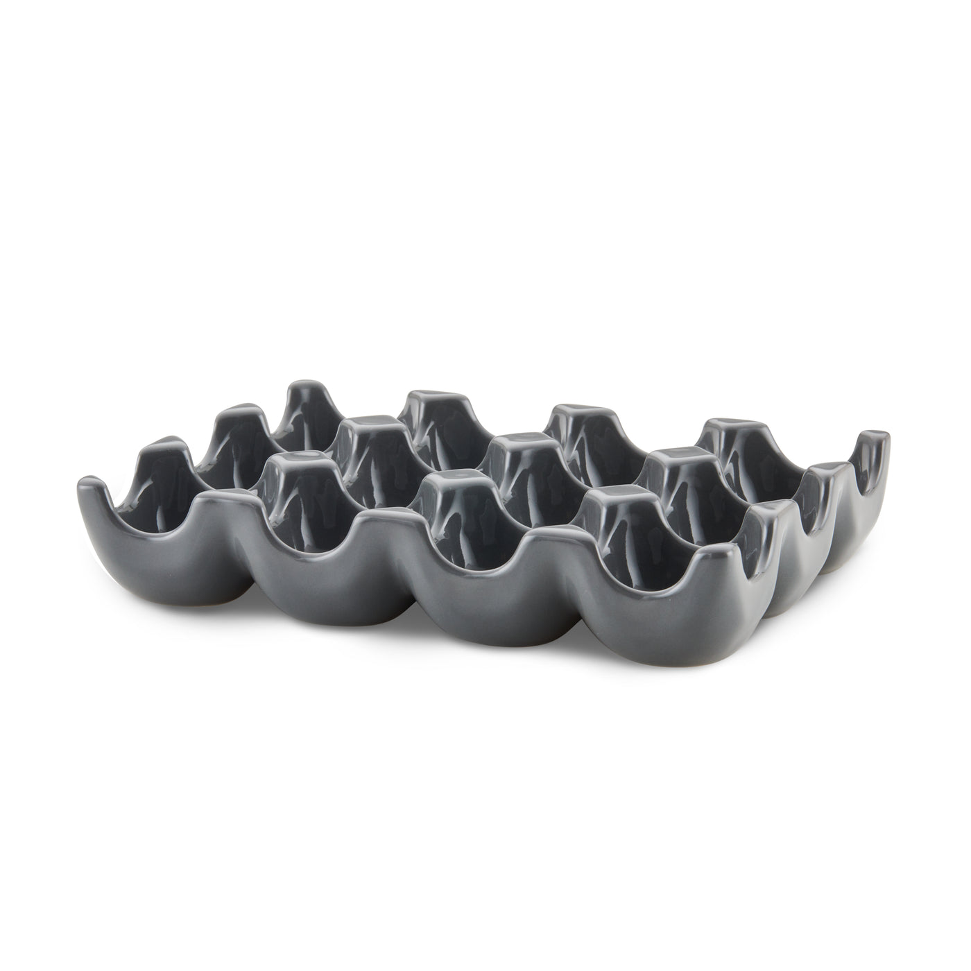 The 12-Cup Ceramic Egg Tray in modern gray is ideal for holding a dozen eggs or serving as a versatile hors d'oeuvres tray.
