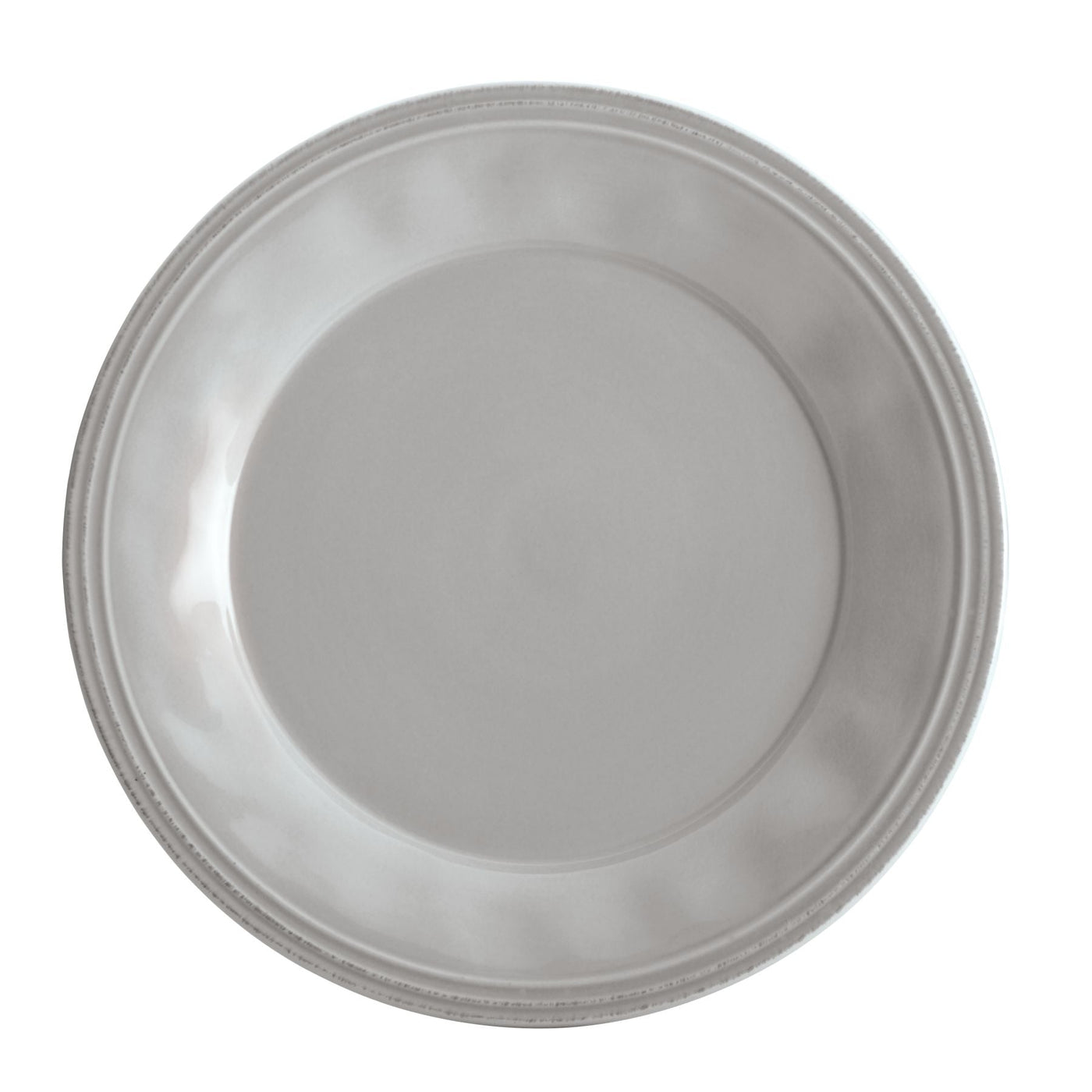 The 16-Piece Dinnerware Set includes a plain gray plate featuring a subtle rim design and a handcrafted texture, adding elegance to your ceramic dinnerware collection.