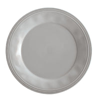 The 16-Piece Dinnerware Set includes a plain gray plate featuring a subtle rim design and a handcrafted texture, adding elegance to your ceramic dinnerware collection.