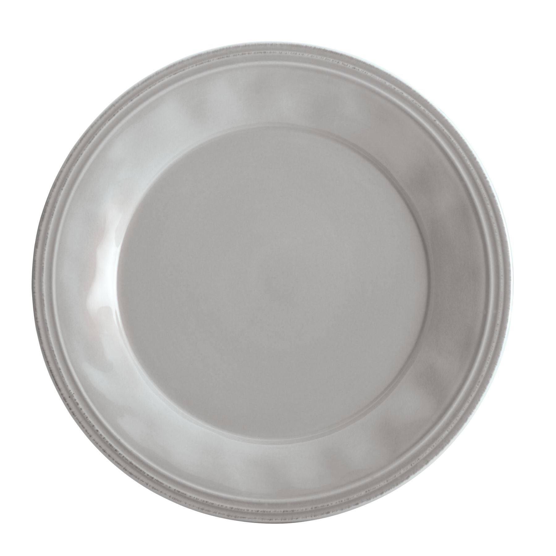The 16-Piece Dinnerware Set includes a plain gray plate featuring a subtle rim design and a handcrafted texture, adding elegance to your ceramic dinnerware collection.