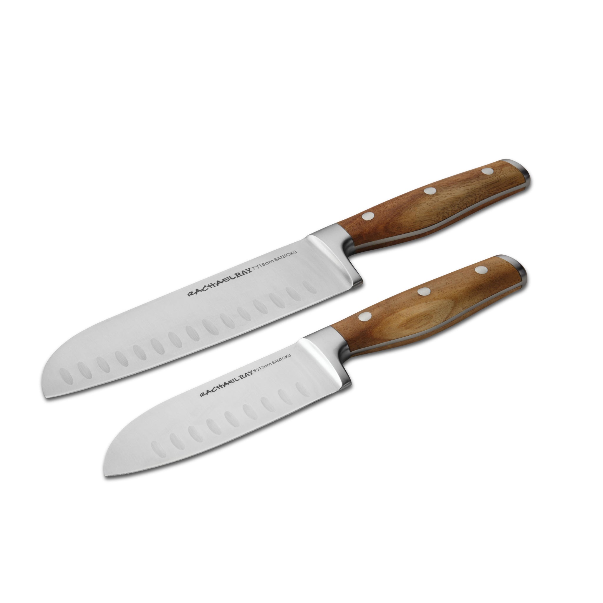 The 2-Piece Santoku Knife Set, featuring acacia wood handles and Japanese stainless steel blades, rests elegantly on a white background.