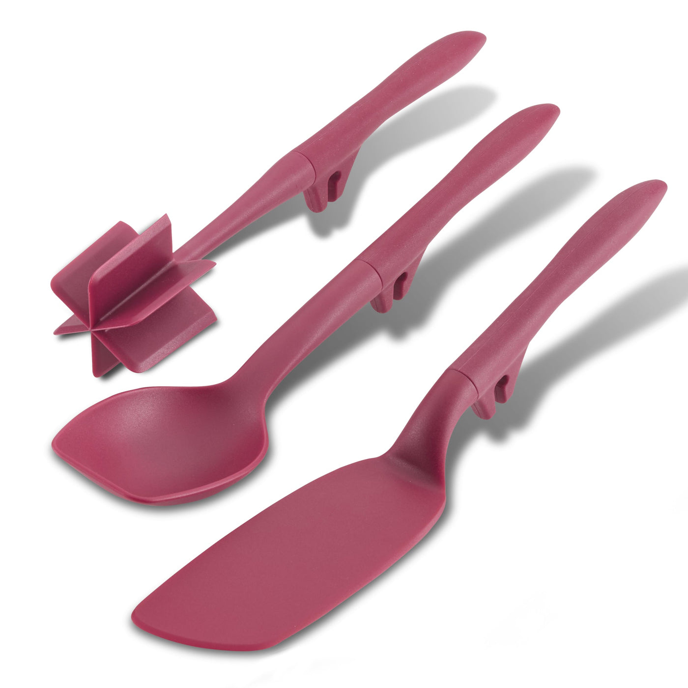 Introducing the 3-Piece Lazy Tool Set: Crush & Chop, Turn, featuring three vibrant red nylon cooking utensils—a spoon, spatula, and mixing tool—specially designed for nonstick pots and pans.