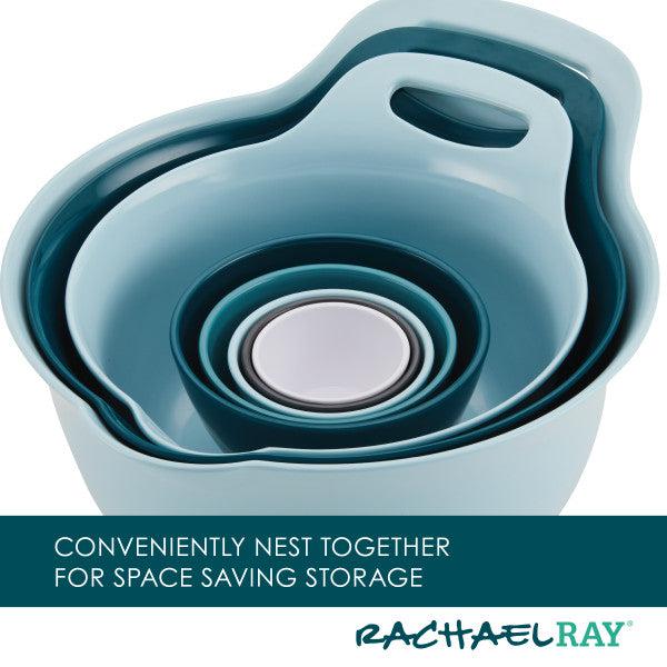 Rachael Ray 10-Piece Mix, Measure, and Utensil Set featuring blue nesting mixing bowls for efficient space-saving storage.