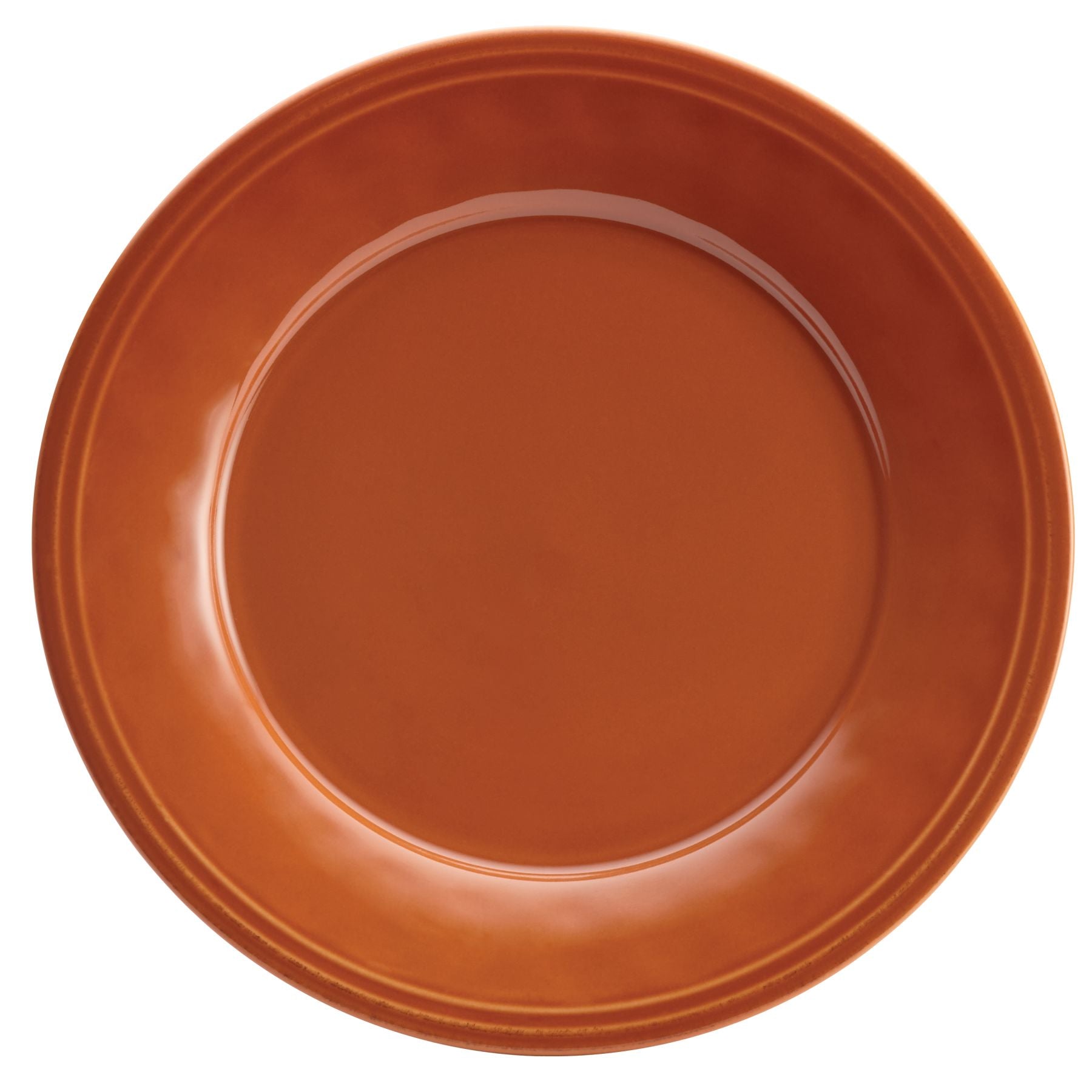A handcrafted textured ceramic plate in orange, featuring a plain round design, viewed from above, part of the 16-Piece Dinnerware Set.