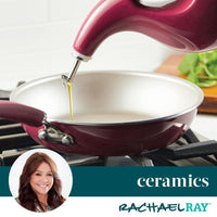 24-Ounce EVOO Bottle pouring oil smoothly into a red ceramic pan on the stove, with a woman smiling in the inset.