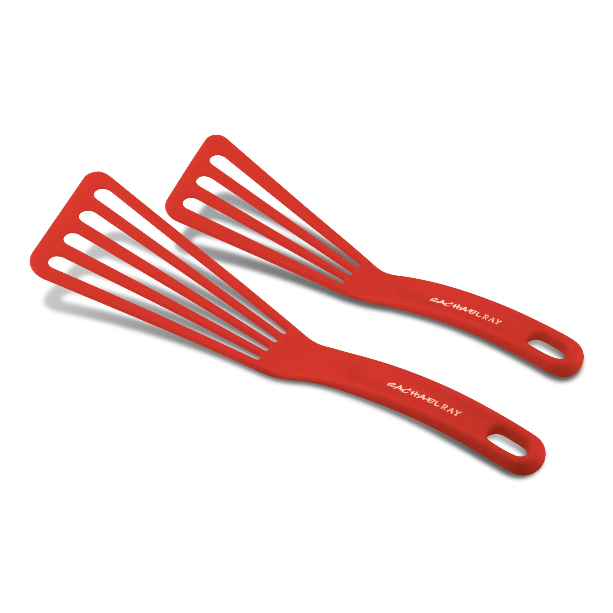 Two slotted spatulas from the 10-Inch & 12-Inch Nylon Spatula Set, featuring branded handles in red, lie side by side.