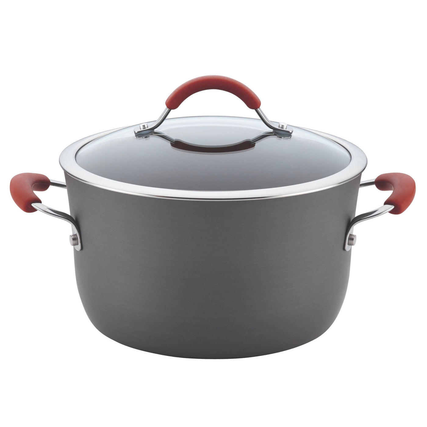 Part of the 12-Piece Cucina Hard Anodized Nonstick Cookware Set, this spacious black pot is constructed from sturdy aluminum, featuring a glass lid and vibrant red handles for easy food release.