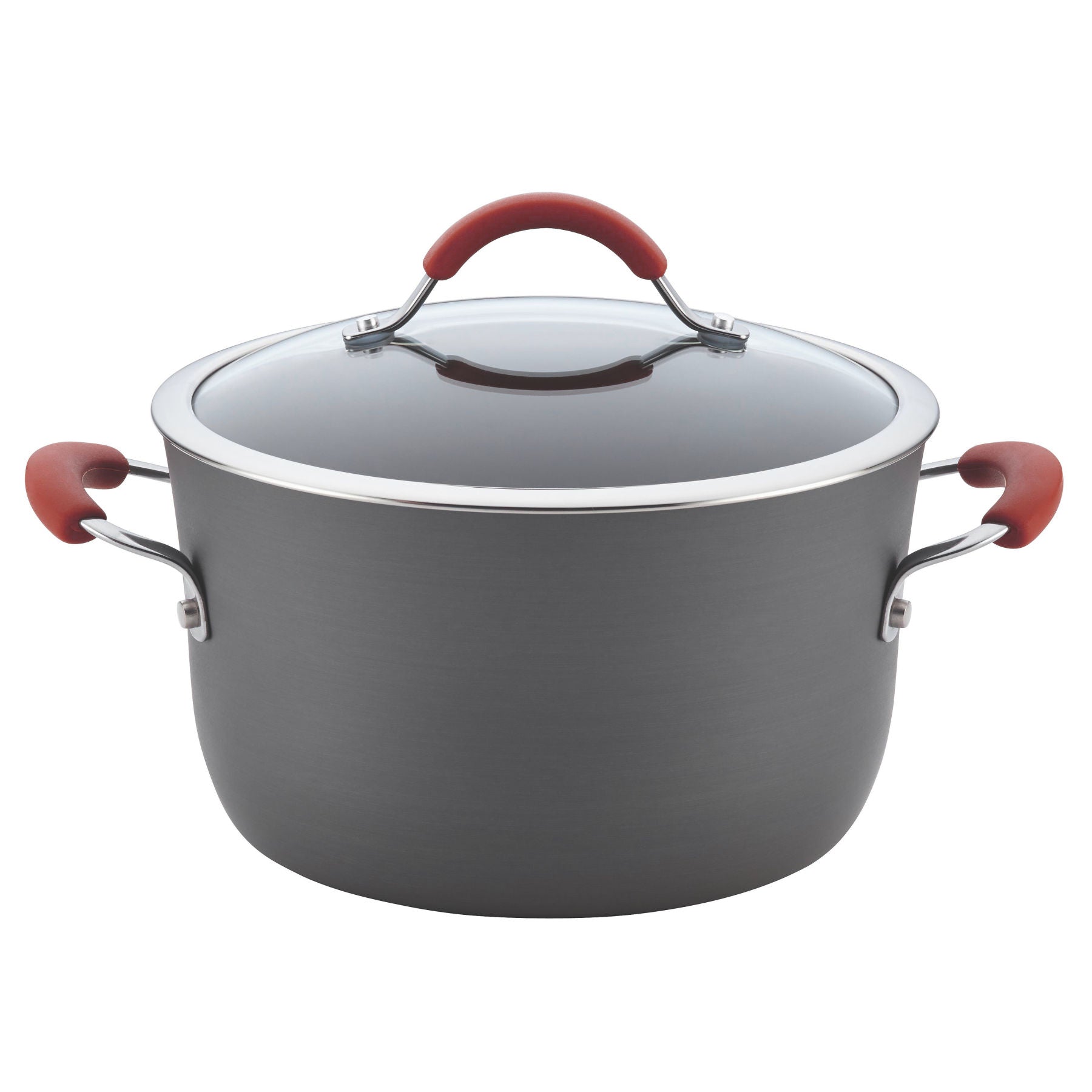 Part of the 12-Piece Cucina Hard Anodized Nonstick Cookware Set, this spacious black pot is constructed from sturdy aluminum, featuring a glass lid and vibrant red handles for easy food release.