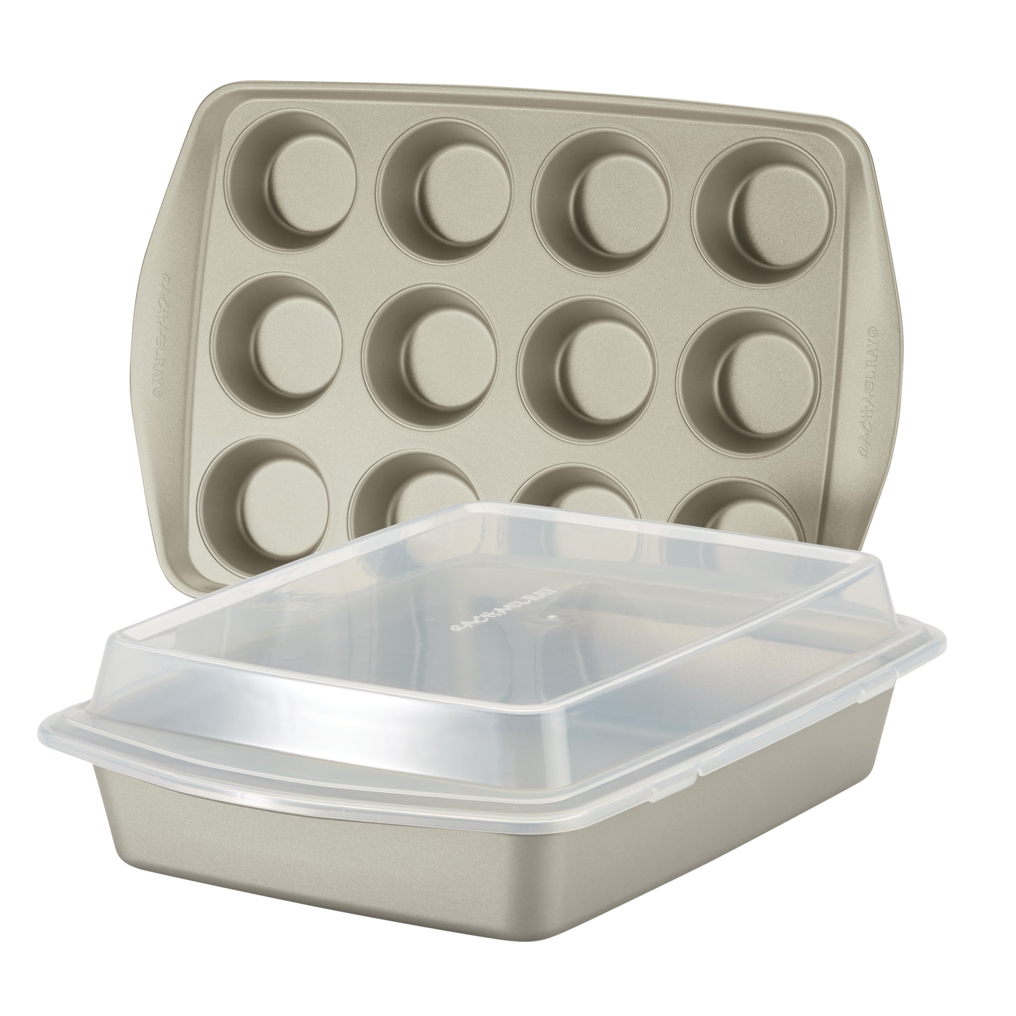 The 3-Piece Nonstick Covered Cake Pan & Muffin Pan Set on a white background is crafted from heavy gauge steel, ensuring durability and even heat distribution. These nonstick pans provide effortless release, making them ideal for all your baking needs. They are also oven safe up to high temperatures, allowing for versatile use.