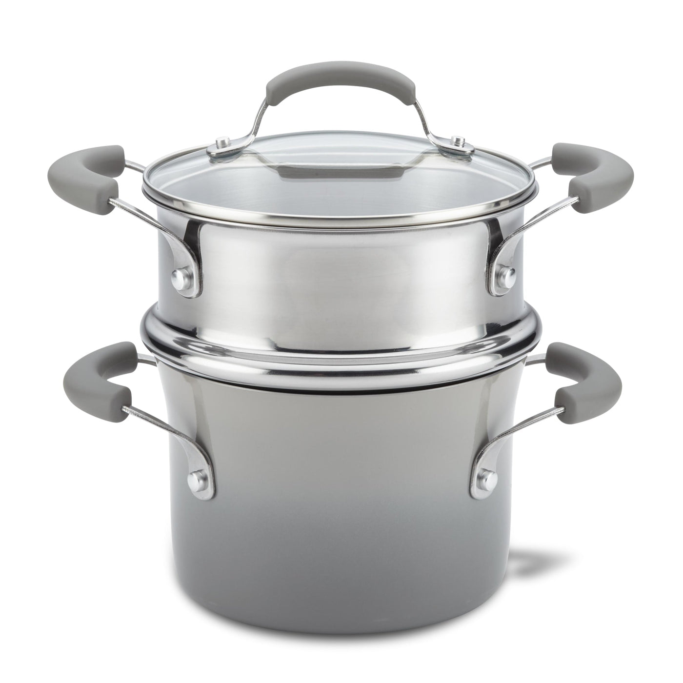 The 3-Quart Classic Brights Nonstick Covered Steamer Set features a stainless steel saucepot with a glass lid and grey handles, ideal for steaming vegetables or creating the perfect pasta dish.