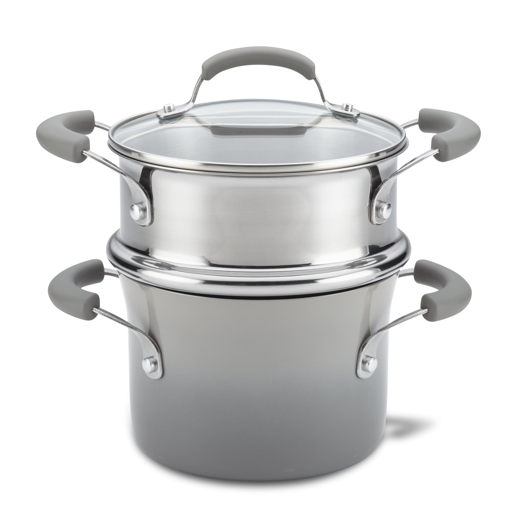 The 3-Quart Classic Brights Nonstick Covered Steamer Set features a stainless steel saucepot with a glass lid and grey handles, ideal for steaming vegetables or creating the perfect pasta dish.