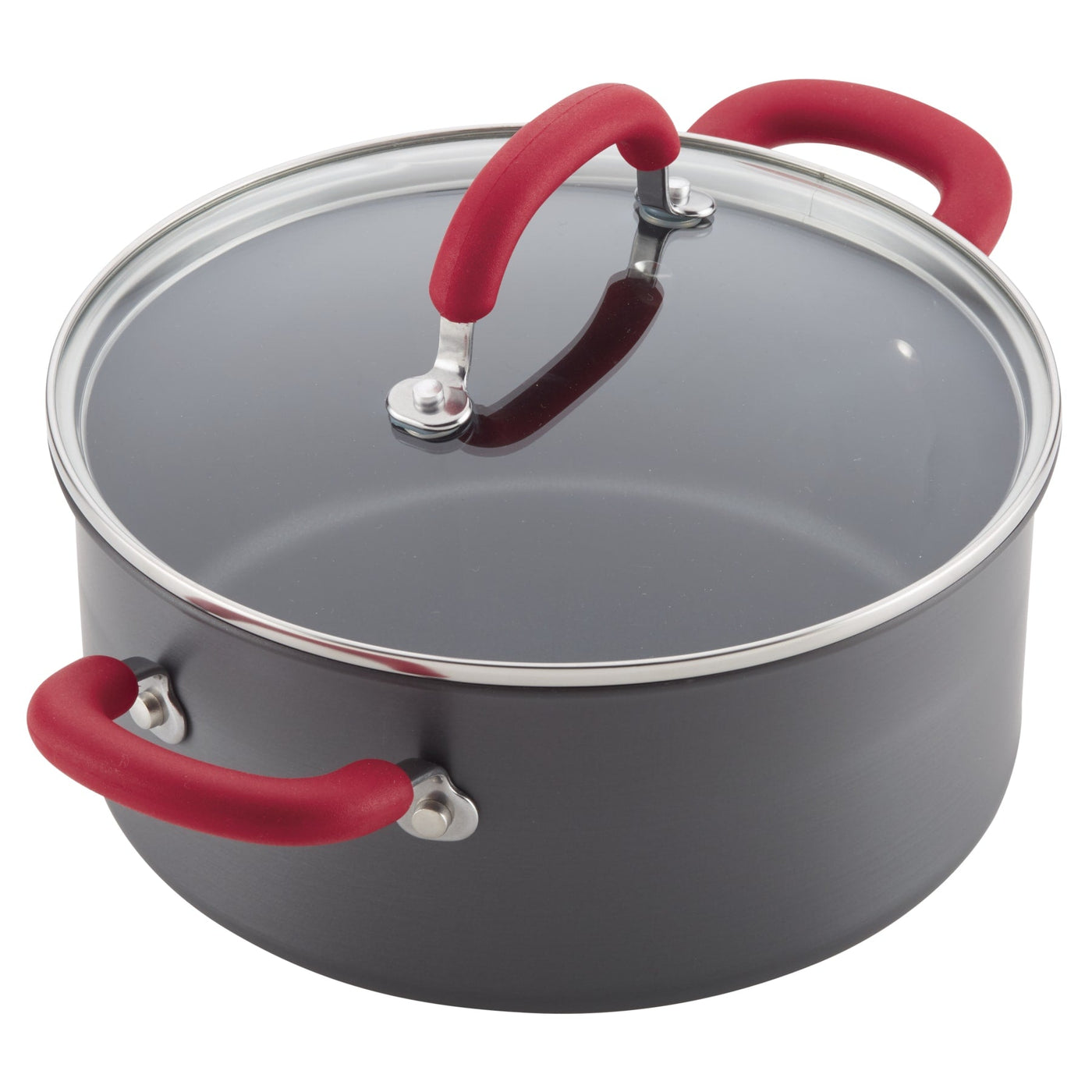 Induction-ready pot with red handles and glass lid from 11-pc cookware set.