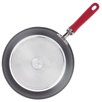 10.25-Inch Hard Anodized Nonstick Induction Frying Pan with red handle, top view.