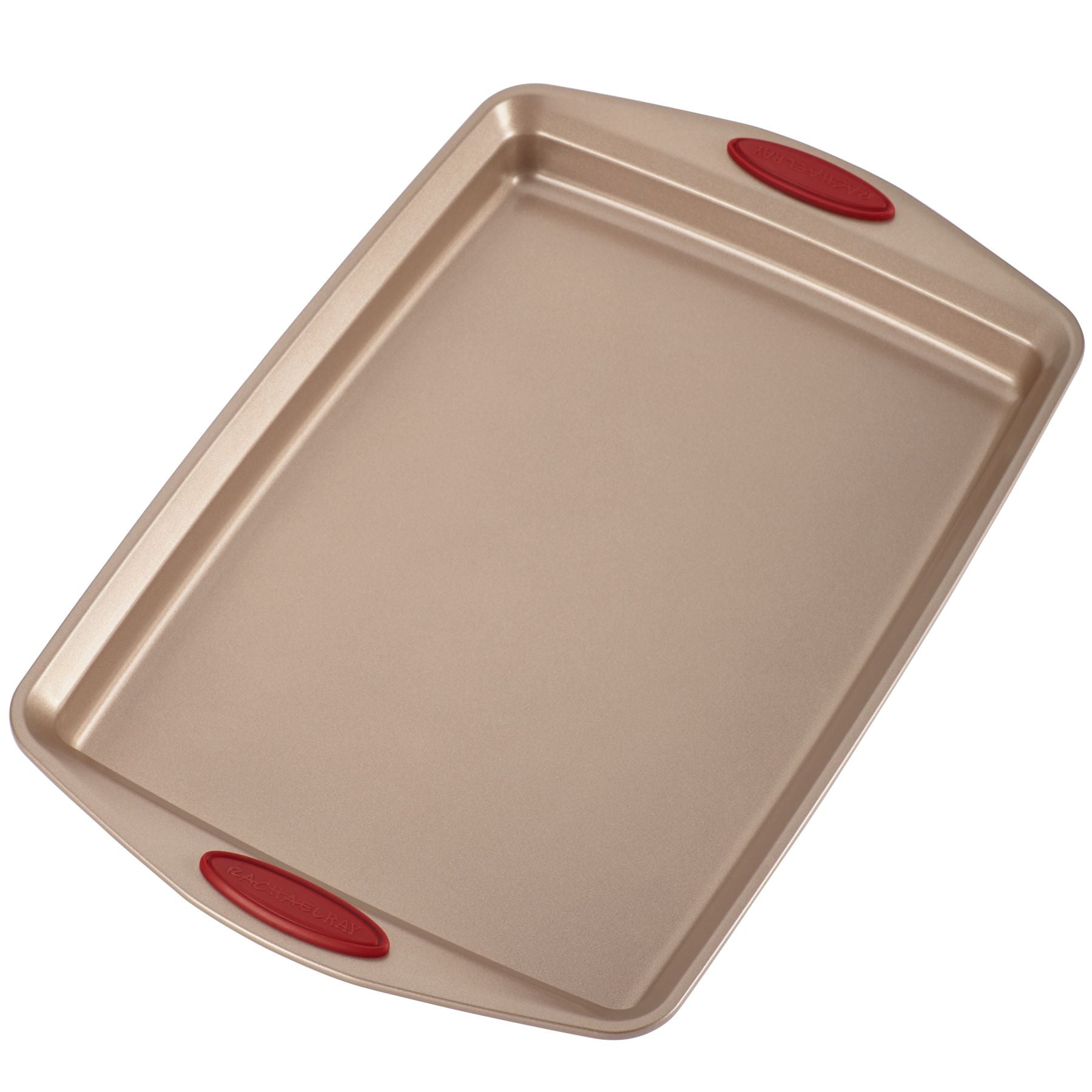 The rectangular baking sheet from the 10-Piece Nonstick Bakeware Set is crafted from heavy gauge steel and features red silicone handles at each end for easy gripping.